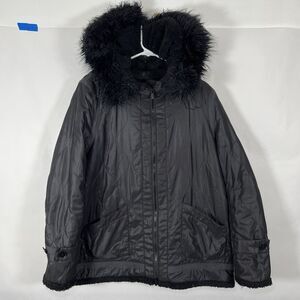 BCBG MAXAZRIA Barrett Quilted Full Zip Jacket Womens Large Black Faux Fur Hood